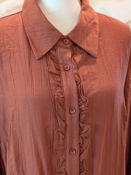 Rust Ruffle-Front Long Button Closure Dress - Picture 3 of 4